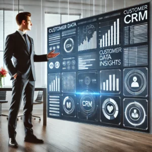 Commercial devant un écran de CRM moderne avec des graphiques, des données clients et des outils d’intelligence artificielle, illustrant la gestion de la relation client.