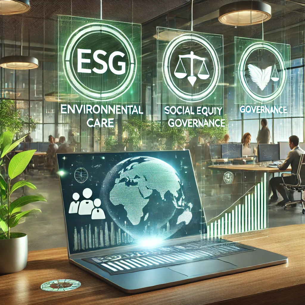 Illustration of a digital workspace focused on ESG (Environmental, Social, Governance), featuring a screen displaying ESG charts and data, surrounded by sustainability, social equity, and governance icons.