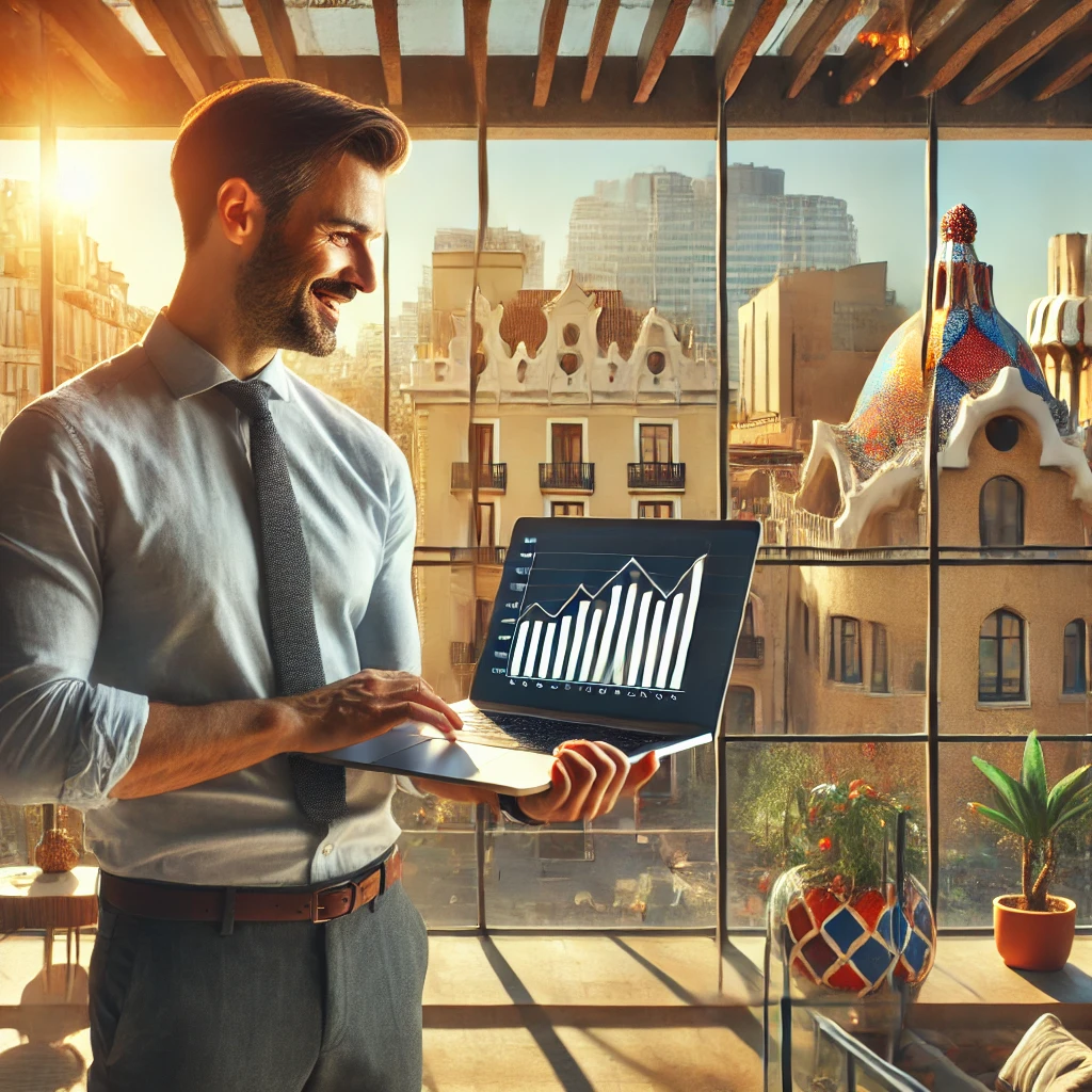 A confident and satisfied business owner analyzing revenue growth in a modern office with a view of a Barcelona-inspired cityscape, bathed in Mediterranean sunlight